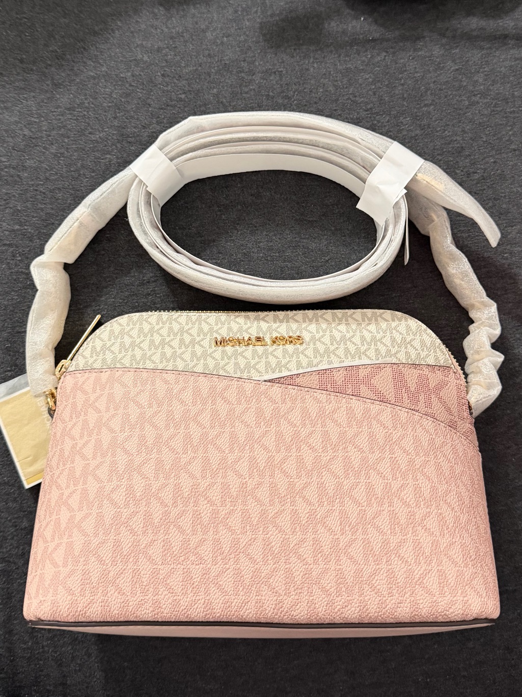 Michael Kors Pink And Cream Signature Crossbody With Gold Logo